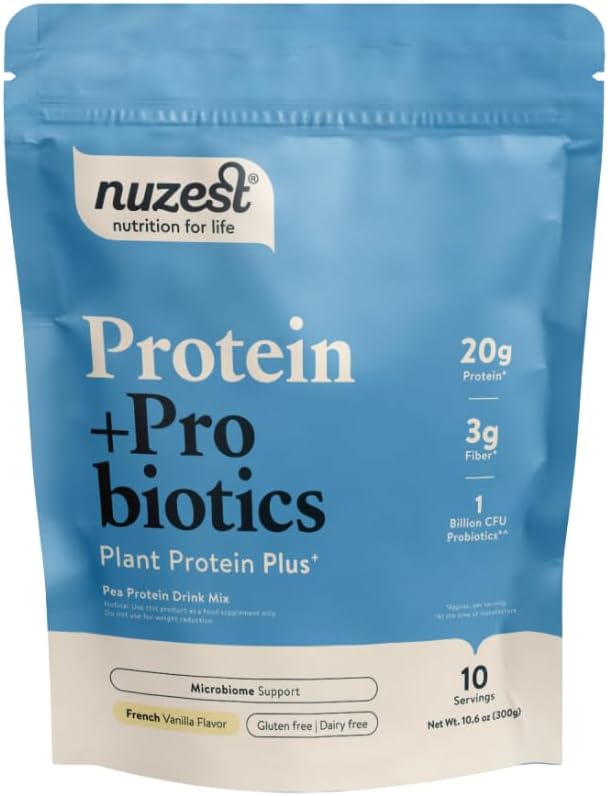 Nuzest - Probiotiká Probiotiká - Superfood Powder Plant Protein Blend - 300g / 10,6 oz Pouch (10 porcií) (Francúzska Vanilla, 300g)