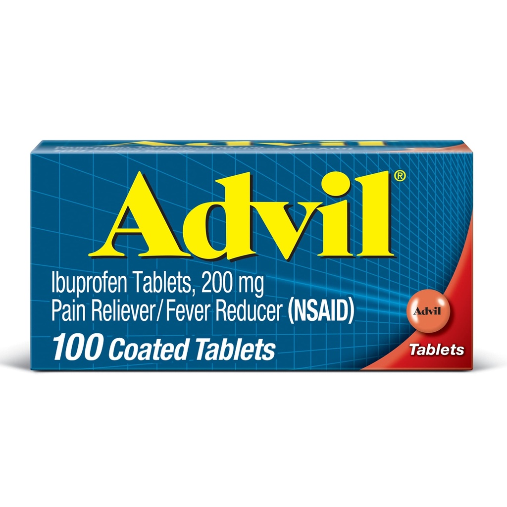 Advil Bolesť Reliever a horúčka Redukcia, úľava od bolesti Medicína s Ibuprofénom 200 mg pre bolesti hlavy, Backache, Menštruačné bolesti a úľava od bolesti kĺbov - 100 obalených tabliet
