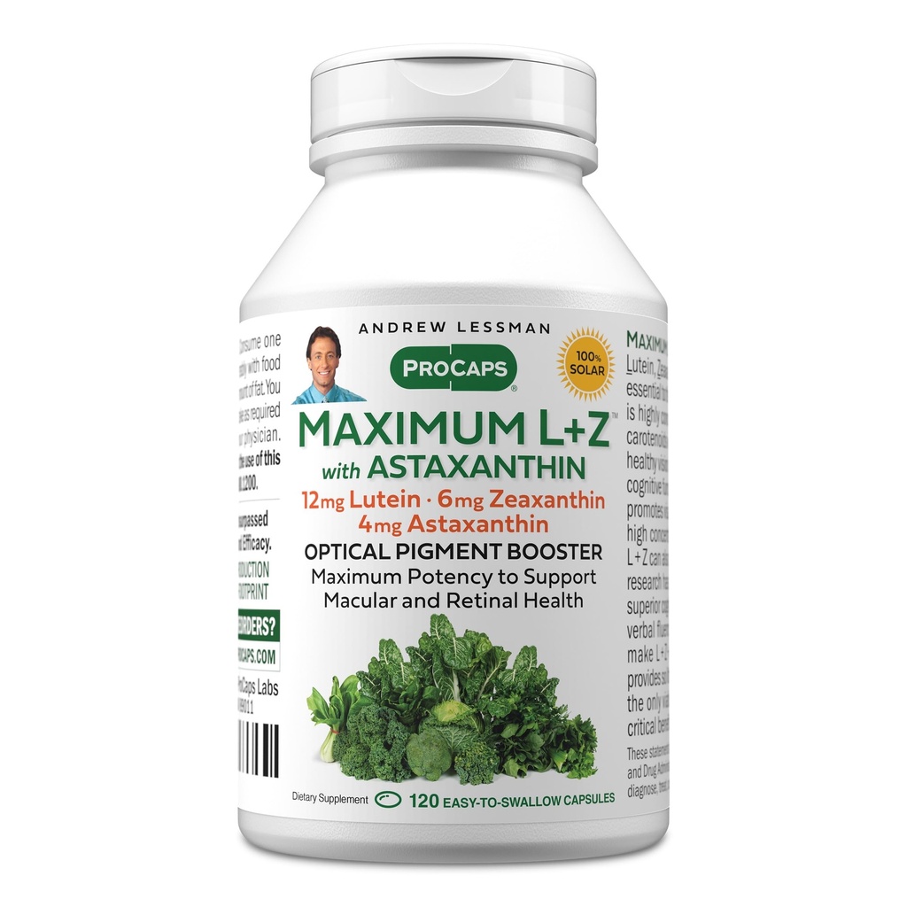 ANDREW LESSMAN Maximum L+Z s astaxantínom 120 Softgels - 12mg lutein, 6mg Zeaxantin, 4mg Astaxantin. Kľúčové živiny na podporu zdravia očí a mozgu a podporu zdravého videnia.