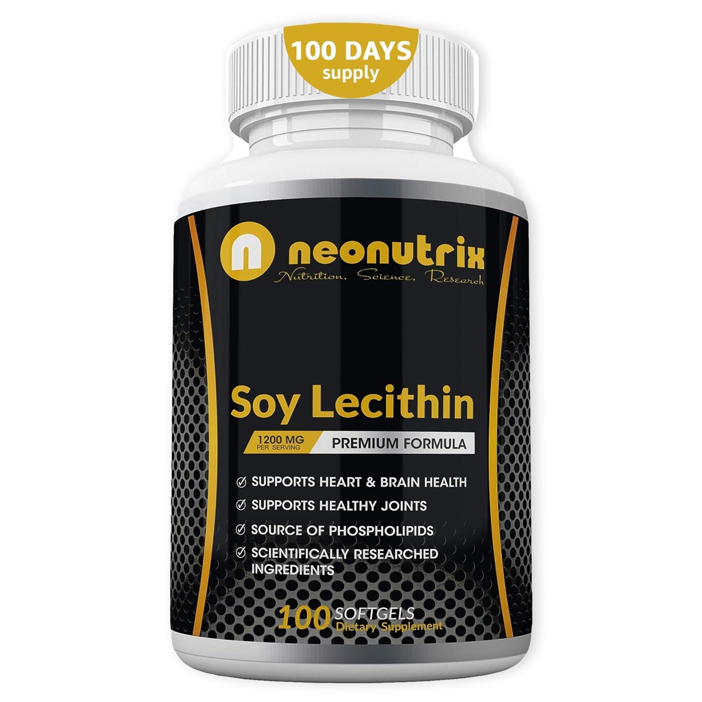 Sójový lecitín kapsuly 1200 mg (jeden deň, 100 Softgels) Imunitná podpora Supplement bohatá na fosfolipidy podporuje metabolizmus, mozog a srdce zdravie a bunky funkcie vyrobené v USA Non-GMO Neonutrix