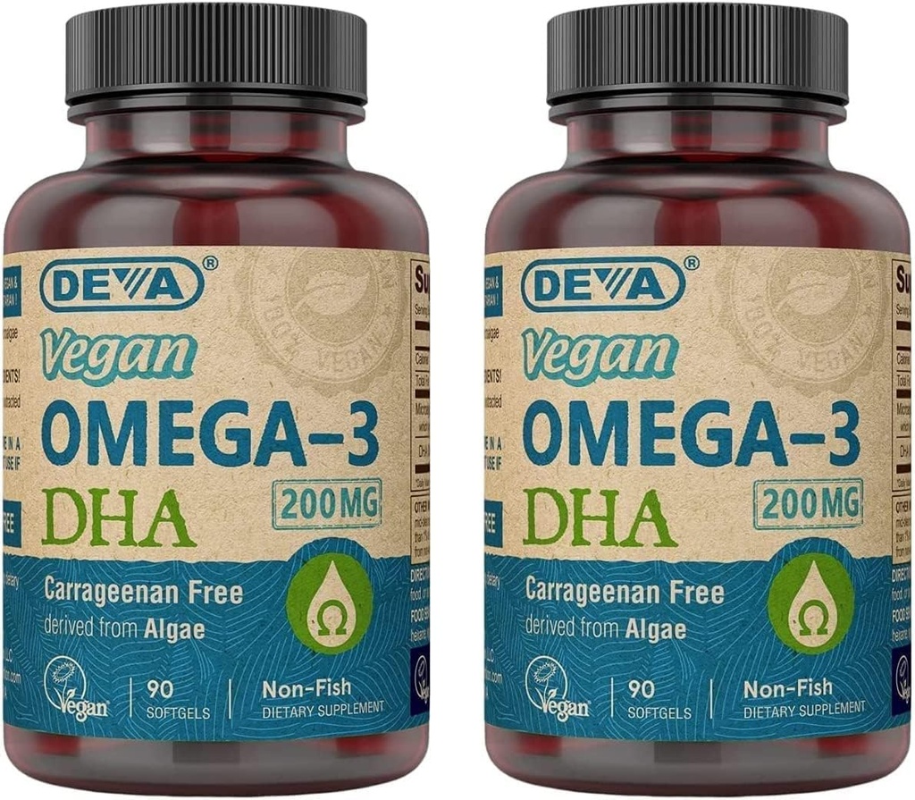 Deva Vegan Omega-3 DHA Supplement - Once-Per-Day Softgels 200 MG - Carragenan Free - Želatína Free - Non-Fish - Algae Oil Omega-3 Mastné kyseliny - 90 Softgels (Pack of 2)