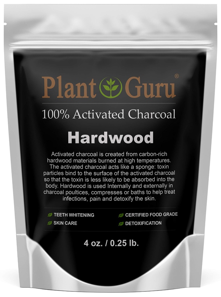 Plant Guru Activated Charcoal Powder 4 oz. HARDWOOD - Food Grade Kosher Non-GMO - Zuby bielenie, tvárovej masky a mydlo výroby. Podporuje prirodzenú detoxikáciu a pomáha tráveniu