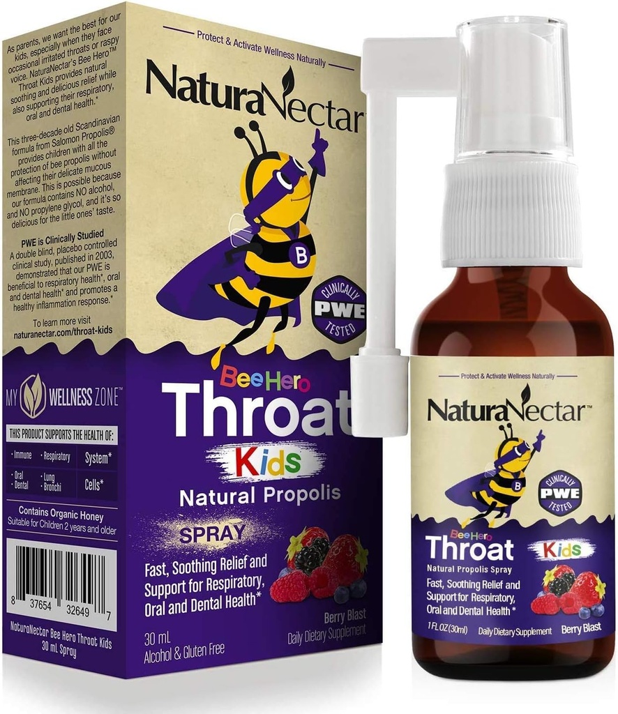 NaturaNectar - BeeHero Brazilian Bee Propolis Sprej na hrdlo - Úľava na hrdlo pre deti - pre pohodlie a ochranu - Exkluzívny Berry Blast Flavor (1 balenie, 1 Fl Oz)