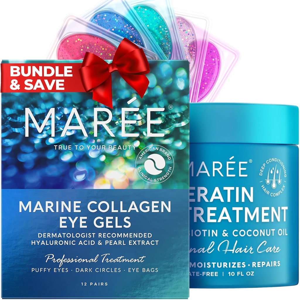 MAREE Complete Beauty Solution - Pod očami gély a vlasy maska, kondicionér - Marine Collagen, kyselina hyalurónová, kokosový olej a keratín - Znižuje opuchnuté oči a tmavé kruhy, Hydratovanie jemné a chlpaté vlasy