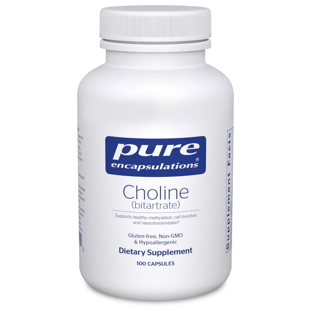 Pure Encapsulations Choline (Bitartrate) - 275 mg Cholínu (Bitartrate) - Podpora metylácie, funkcie zdravia mozgu a buniek* - Highly Biodostupné - Vegan & Non-GMO - 100 kapsúl