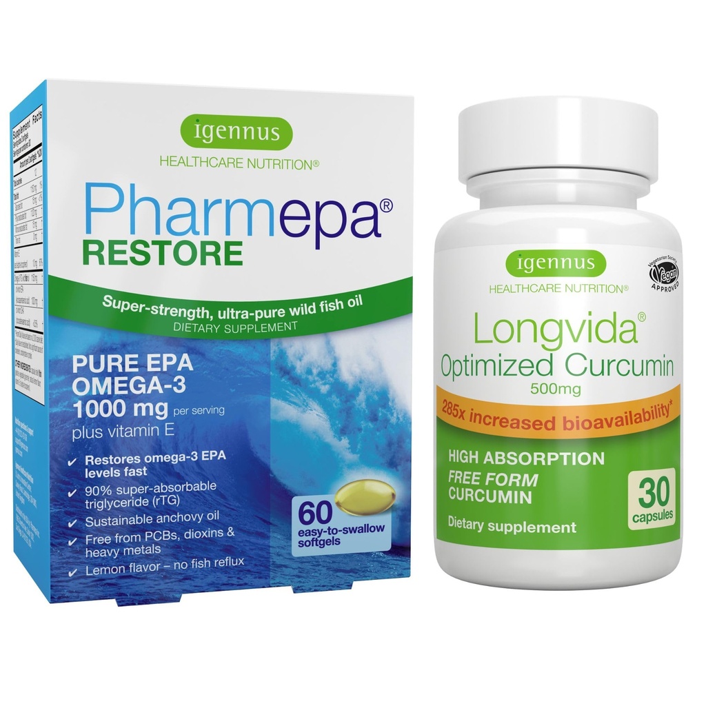 Pharmepa Restorian & Longvida Lipidated Curcumin 500mg Bundle, 1000mg Pure EPA Omega-3 Fish Oil & Ultra Biodostupný Curcumin, by Igennus