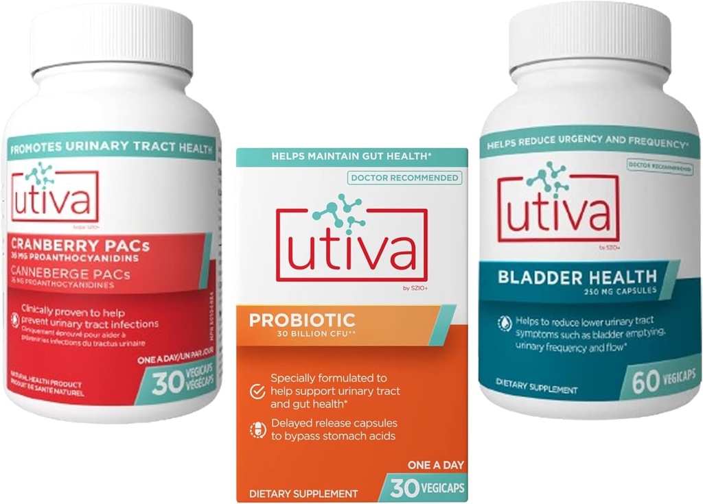 15% Bundle Utiva Cranberry PACs Supplement for Urinary Tract Health 30 Vegi Capsule + Utiva Probiotic for Gut and Urinary Tract Health 30 Melayed Release Vegi Capsule + Utiva Bladder Health 60 Capsule