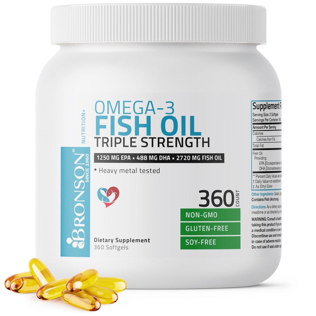 Bronson Omega 3 Fish Oil Triple Sila 2720 mg, Vysoká EPA 1250 mg DHA 488 mg, Non-GMO Heavy Metal Tested, 360 Softgels