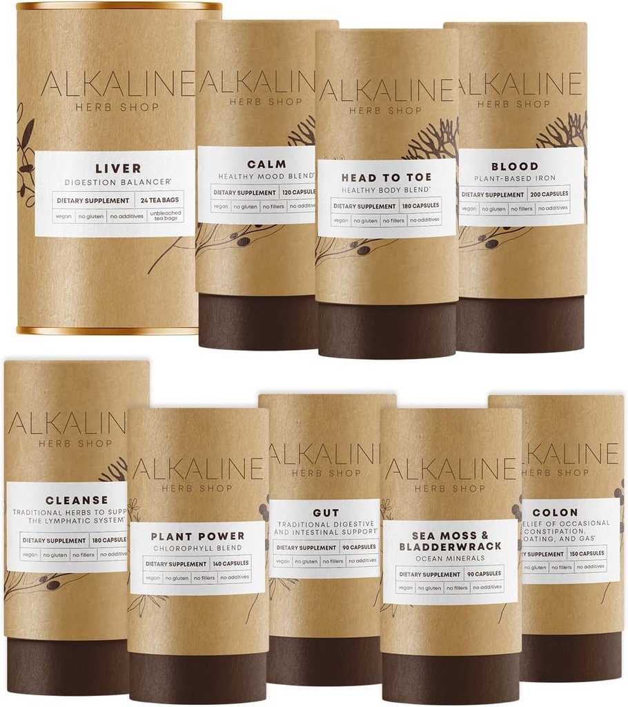 Alkalické Herb Shop Telo Essentials Bundle - Morské Moss & Bladderwrack, Chlorofyl, Železo, Happy Healthy Body, Happy Colon, Happy Lymph, Gut, Happy Liver Tea a Happy Mood