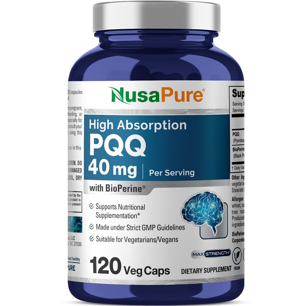 NusaPure PQQ Supplement 40 mg, 120 Veggie Capsules, Non-GMO, Pyrrolochinolín Quinone Disodná soľ, Bioperín