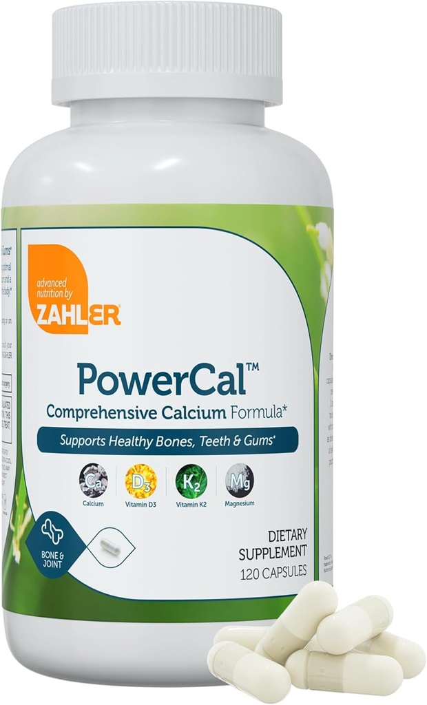 Zahler PowerCal - Vápnik D3 K2 horčík doplnok - Zuby, Gumy a kostnej sily podpora - Kóšer kosti kalcium doplnok pre ženy a mužov s vitamín D3 K2 a horčík (120 kapsuly)