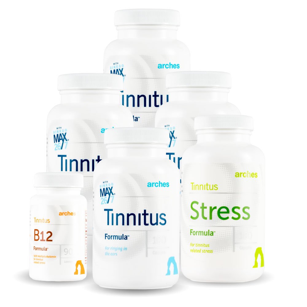 Arches Tinnitus Combo Pack - Teraz s Ginkgo Max 26/7 - Prírodné Tinnitus liečba pre úľavu od zvonenie ucha - 6 Fľaše - 90 Denné dodávky