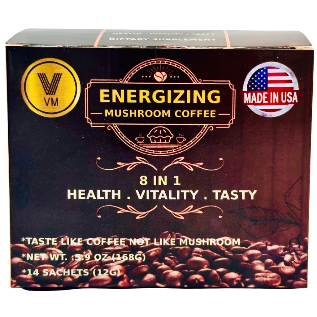 VM Energizing Mushroom Coffee-Reishi s ženšen & Carbo Mix-Instantná káva. Natural Ganoderma S Instant Cafe.Dietetický doplnok.8-v-1 Huba káva. Mix káva organická klasika. Vyrobené v USA. (14) S