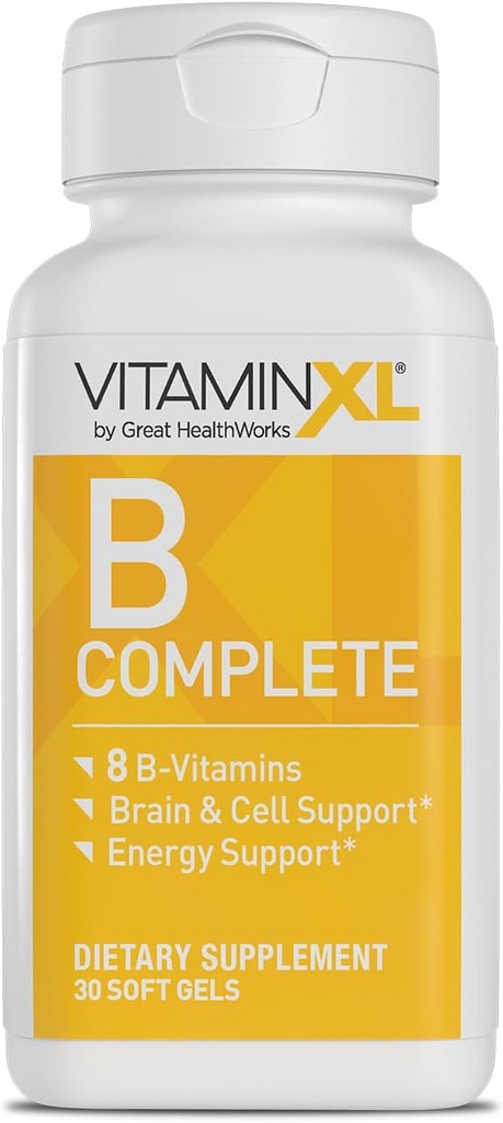 VitamínXL B Complete je komplex Full Spectrum B vyrobený s B1, B5, B6, B12, Biotin, Niacin, Riboflavin, a folát, Tiež s cholín a inozitol (30 mäkké gély, 30 Servings)