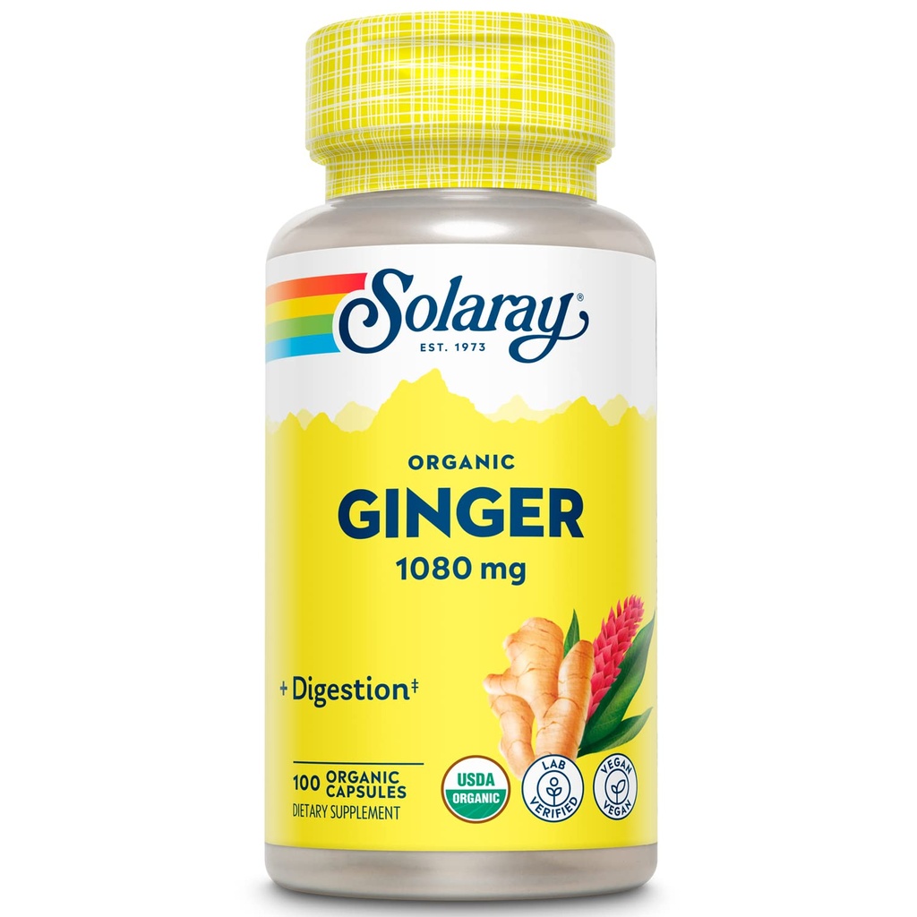 SOLARAY Organic Ginger 1080 mg - Organické zázvorové doplnky - Relies Nauzea a vracanie spojené s pohybové choroby, podporuje spoločné zdravie - Vegan, Non Drowsy, 60-dňová záruka, 50 Služobné