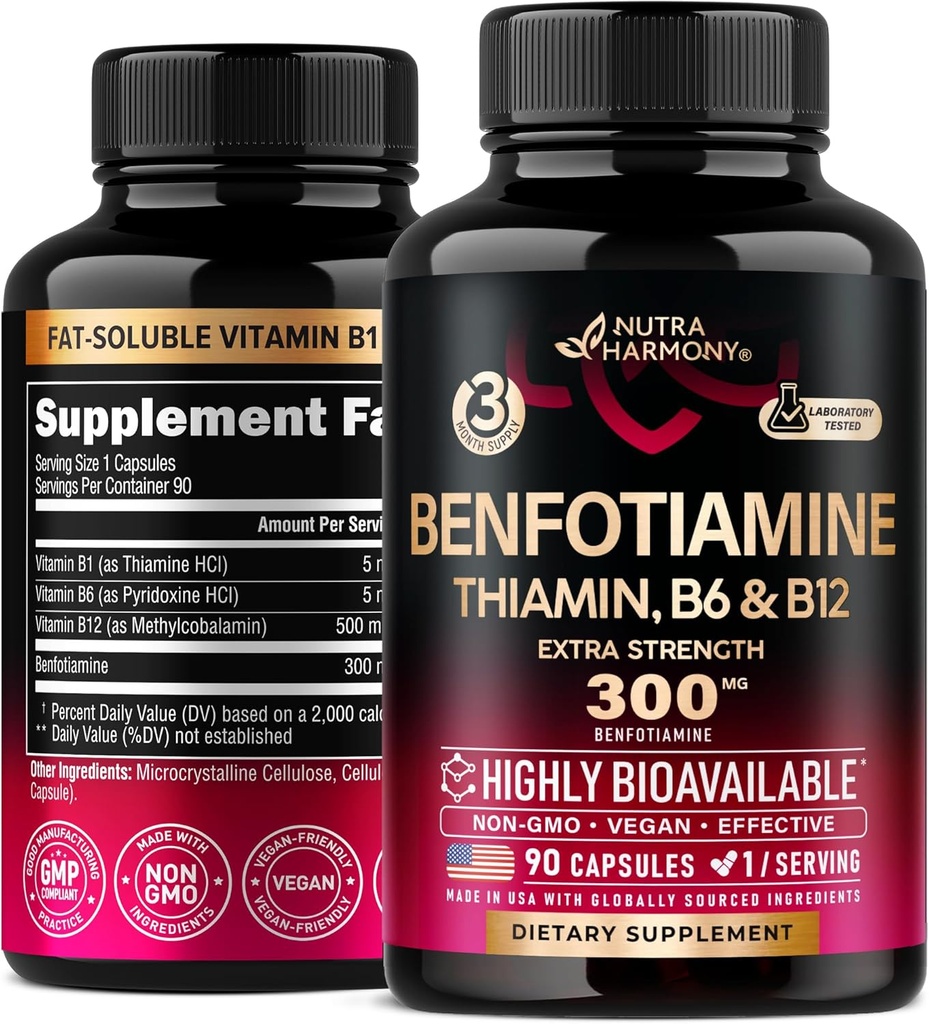 Benfotiamín 300 mg - Podpora nervov, podpora energie a metabolizmu - Benfotiamín Supplement Fat-Solubilný vitamín B1 - Vysoko biologicky dostupný a absorpčný - s tiamínom, vitamín B12 a B6 - 90 kapsúl