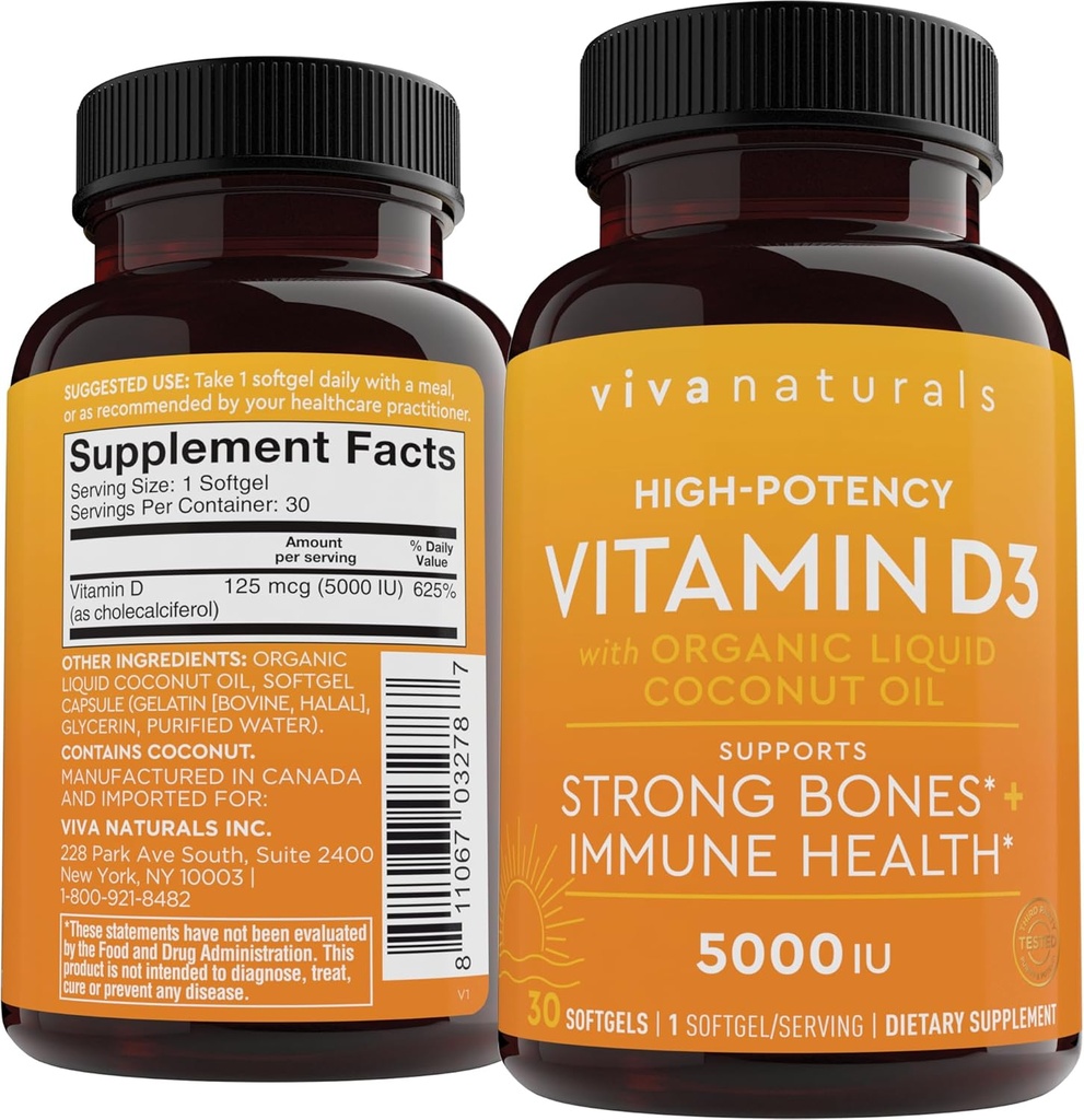 D3 Vitamín 5000 IU Softgels (125 μg), 30 Softgels - S vysokým obsahom vitamínu D doplnkov pre zdravú imunitnú funkciu, kosti a svaly - vyrobené s organickým tekutým kokosovým olejom