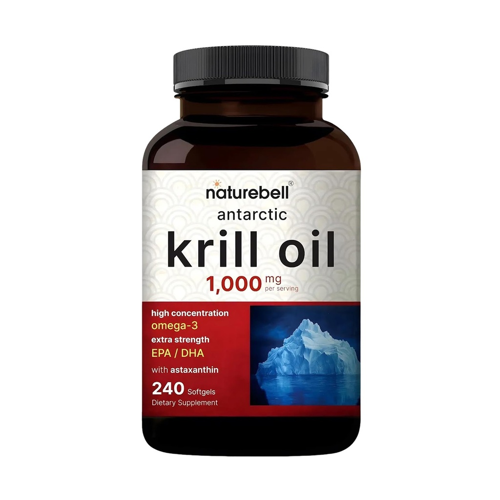 NatureBell Antarktída Krill Oil 1000mg - 240 Softgels - Omega-3 Heart, Joint & Immune Health Support* - High EPA DHA with Astaxantin - Non-GMO & Gluten-free