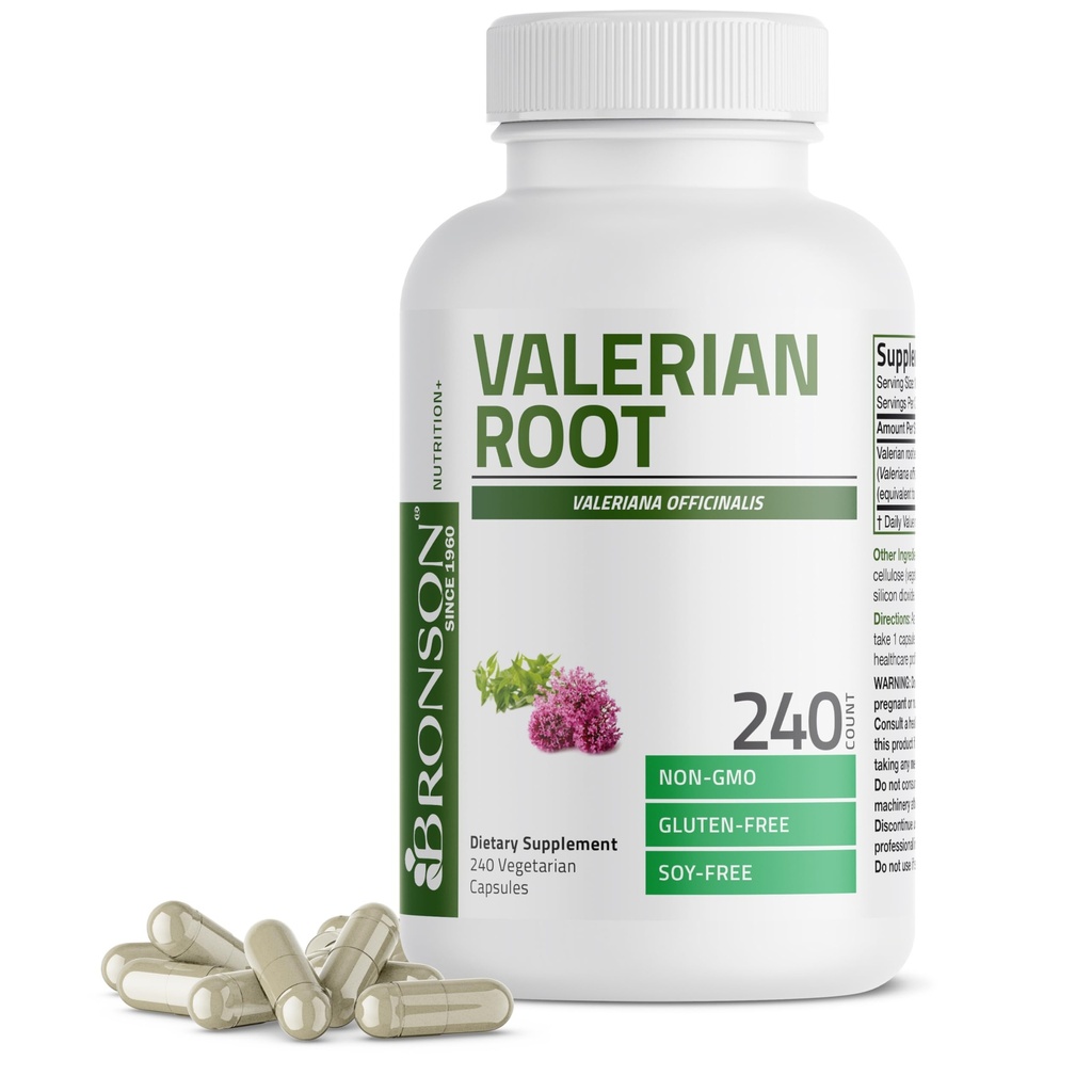 Bronson Valerian Root Kapsule - Valerian Officinalis - Podporuje relaxáciu - Non-GMO, Soy-Free Gluten-Free, 240 Vegetariánske Kapsule