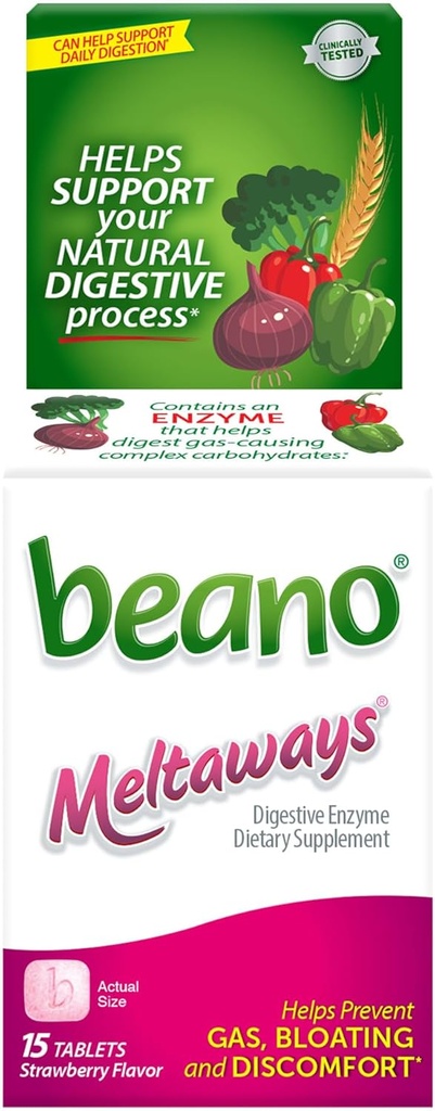 Beano Meltaways, Gas Prevention & Digestive Enzyme Supplement, Jahodová chuť, 15 Počet