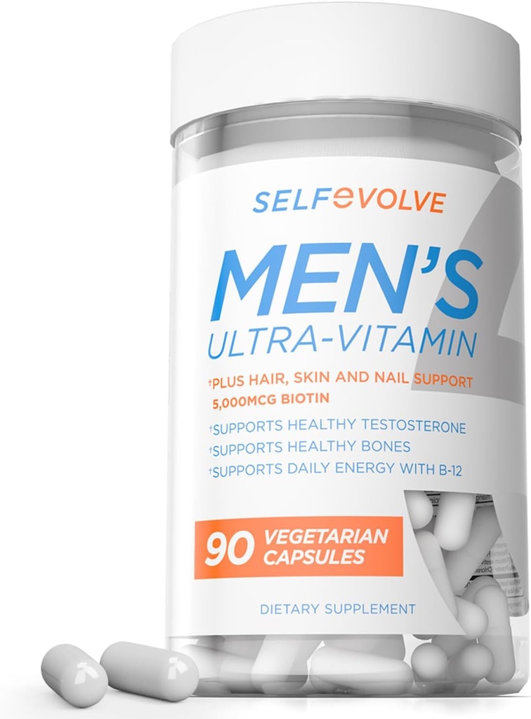 Mužský Ultravitamínový multivitamín - Komplexná zmes esenciálnych živín s bazami, vitamínom C, zinkom a vitamínom D v 90 Vegetariánskych kapsulách pre pohodlnú 30-dňovú ponuku