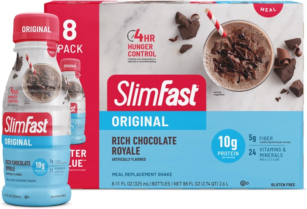 SlimFast Replacement Shake, Original Rich Chocolate Royale, 10g pripravený piť proteín na chudnutie, 11 Fl. Oz fľaša, 8 Počet