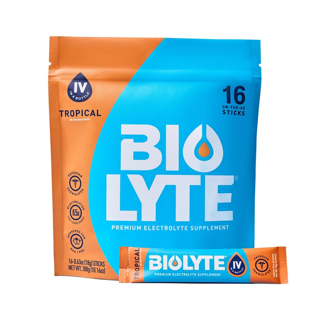 BIOLYTE IV Powder Pakets Electrolyte, IV Liquid Drink Mix for Water, Dr-Developed Hydration, HSA & FSA Schválená Dehydratácia Relief, Chemoterapia musí mať pre ženy a mužov - Tropical (16 Sticks)