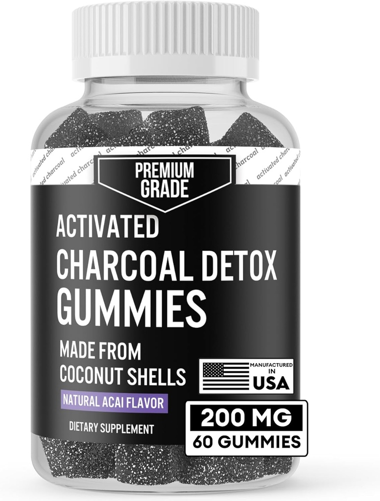 Premium Grade Aktivované Charcoal Gummy - Kokosové Charcoal Doplnky pre podporu detoxikácie, Orálne zdravie, Žalúdočné a trávenie - Bezpečné pre deti - Bez Bloat Vegan Gummy - Natural Acai Flavor (60 Počet)