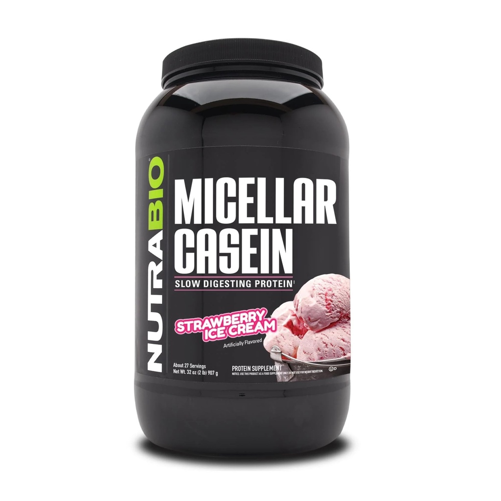 NutraBio Casein Protein Powder, Micellar Casien Powder, 25g Slow Digesting Protein, Pomáha vám udržať plnú, Jednodňové svalovej obnovy a rastu, BCAA & EAA, Gluten Free, Soy Free, 2lb Jahodová zmrzlina