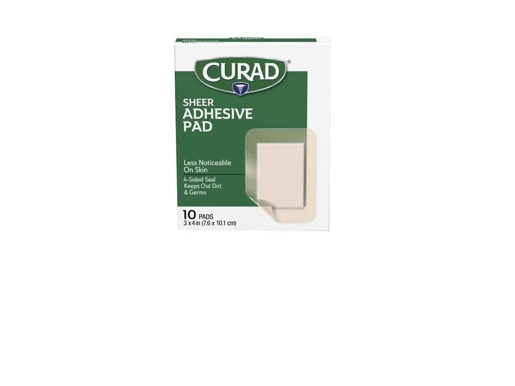 CURAD Sheer Lepiace pásy, 4-Sided Seal, Absorbent Pad, 3" x 4," Advanced Wound Care, 10 gróf, balenie 24 kusov