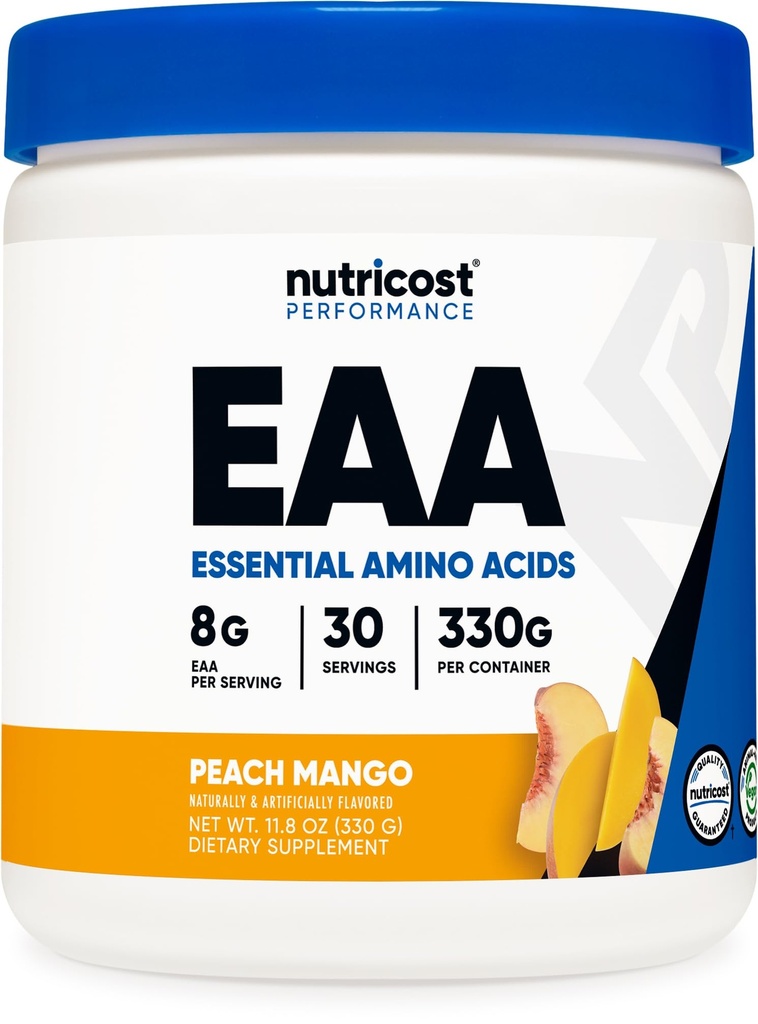 Nutricost EAA Powder 30 Servivné služby (Peach Mango) - Esenciálne aminokyseliny - non-GMO, bez lepku, Vegetariánske priateľsky