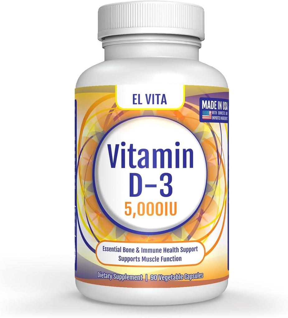 90 Vegetable Capsules Vitamin D. D3 5000IU (125 MCG) High Potency Immune Support Dietary Supplement. Healthy Muscle Recovery Advanced. Non-GMO Formula