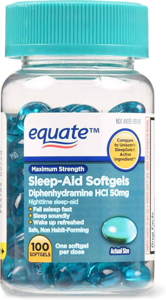 Equate Maximum Strength Sleep-Aid Softgels, 50 mg, 100 Počet