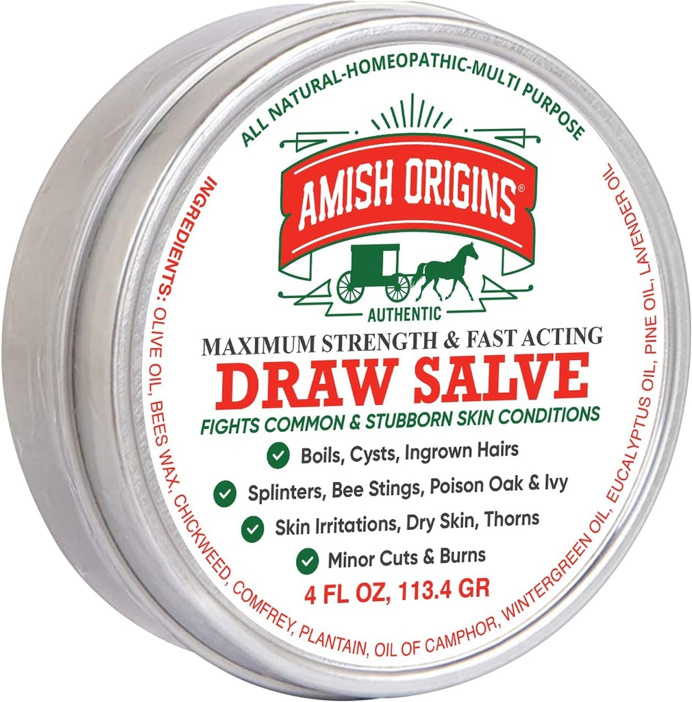 Amish Origins Drawing Salve Ointment, 4 oz Maximum Strength Fast Acting Draw Salve for Splitters, Boil, Bee Stings, Cyst, Anti Itch Cream, Made in USA