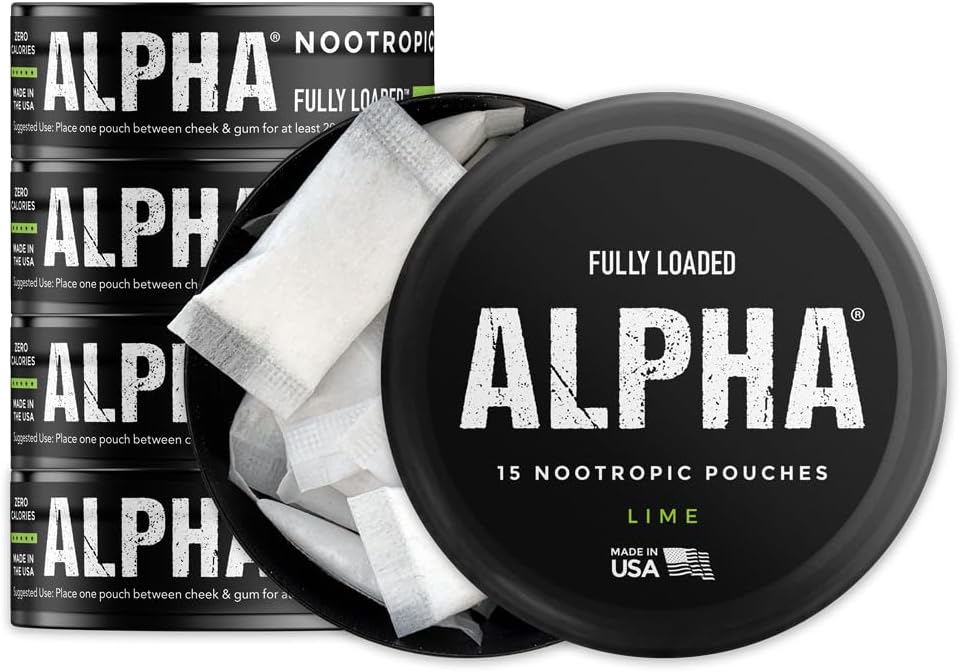 Plne naložené Alpha Nootropic Pouches (Lime) - 5 plechovky - 15 Pouches per can - Efektívne Nootropic Delivery, Nic Pouch Replacement - Rýchlejšia absorpcia, Alpha GPC, L-Tyrosine, GABA