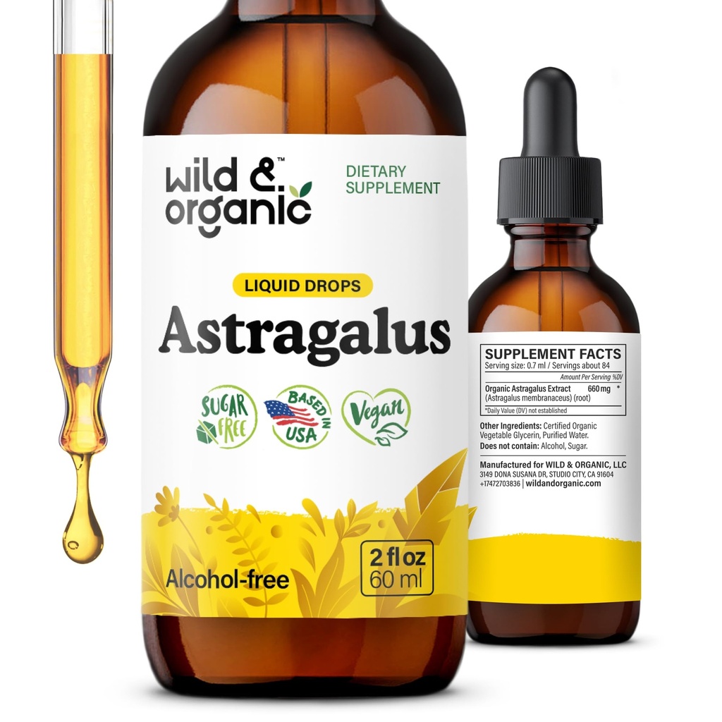 Wild & Organic Astragalus Tinture - Immune Support Drops w/Astragalus Root Extract - Bylinné doplnky pre pokoj a relaxáciu - Vegan, cukor a alkohol bez - 2 fl oz