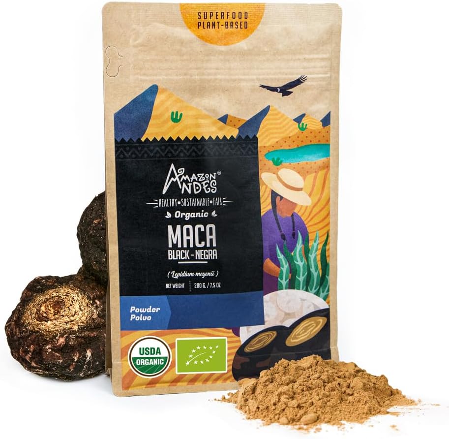 Andes Black Maca Root Powder (Lepidium meyenii) - obsahuje Carbohydrates & Minerals - Adaptogén superfood & Health Promoder - želatína, Vegan, non-GMO & Allegen-free - 7 Ounce (40 Servings)