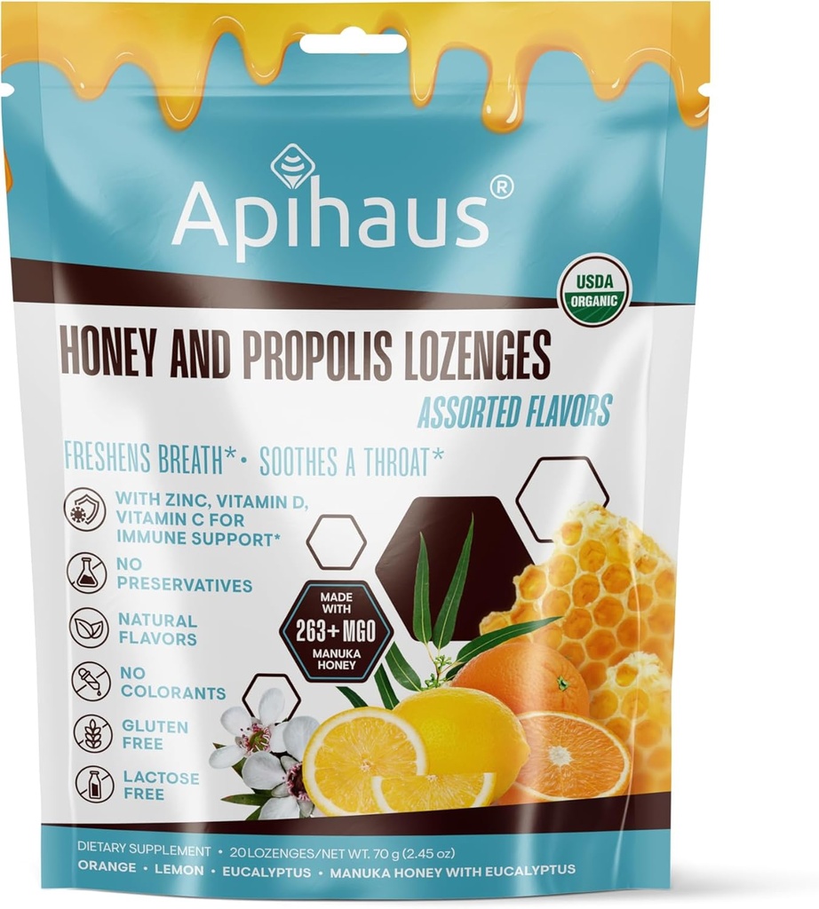 Med a Propolis Lozenges Rôzne príchute, svieži dych - upokojuje podporu hrdla-imunita s vitamínom C, vitamín D a zinok, 20 Počet