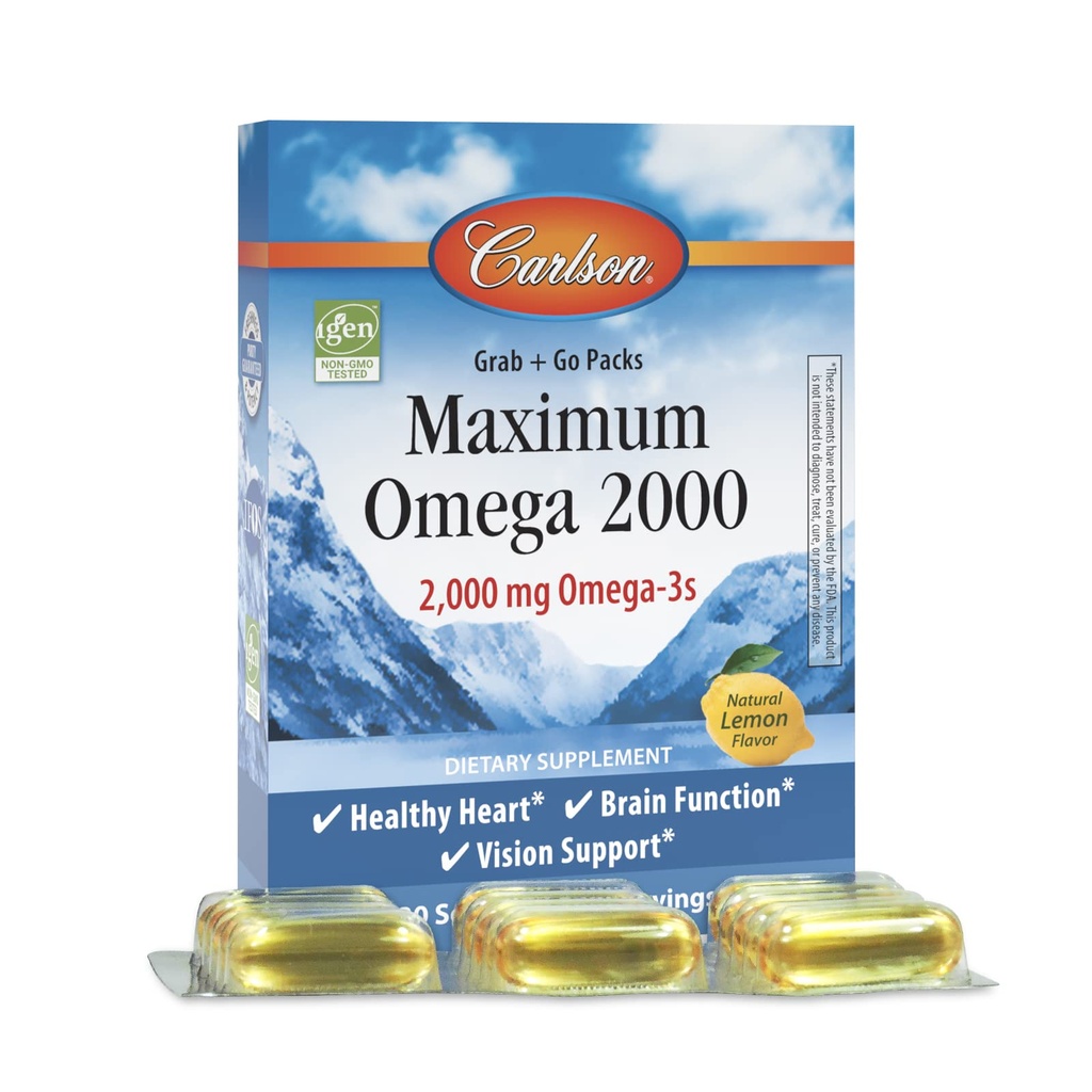Carlson - Maximum Omega 2000 Grab + Go Packs, 2000 mg Omega-3s, Wild-Caught, Norwegian Fish Oil Supplement, Udržateľne Zdroj Fish Oil Capsules, Citrón, 30 Softgel Pack