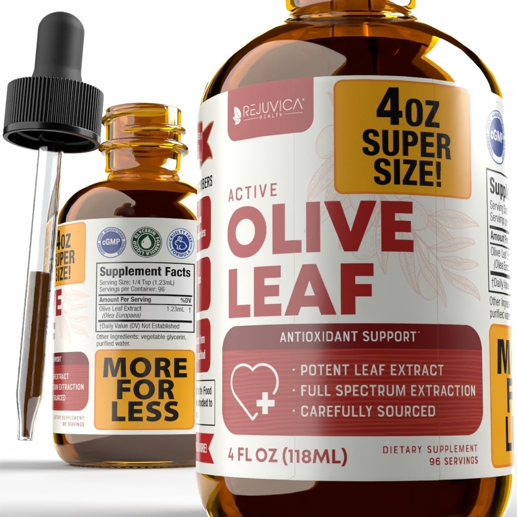 Rejuvica Health Active Olive Leaf 4oz XL Super Size Tinture - Advanced Olive Leaf Liquid Extract - Prirodzene dochádza Oleuropein - Immune & Heart Support Drops
