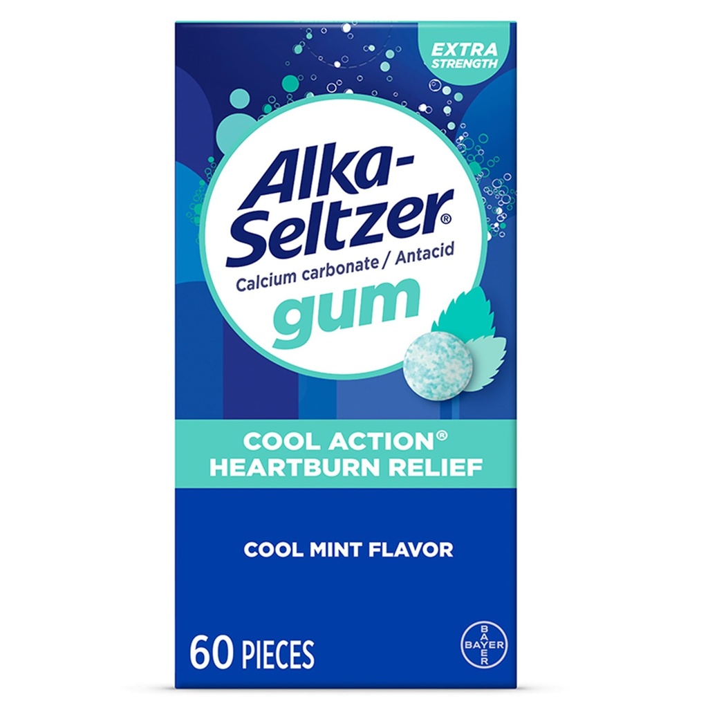 Alka-Seltzer Cool Action Heartburn Relief Gum, Extra Strength Antacidum Gum, Acid Instination and Upset Gold Relief, No Chalky Chuť, Cool Mint Flavor, 60 Počet