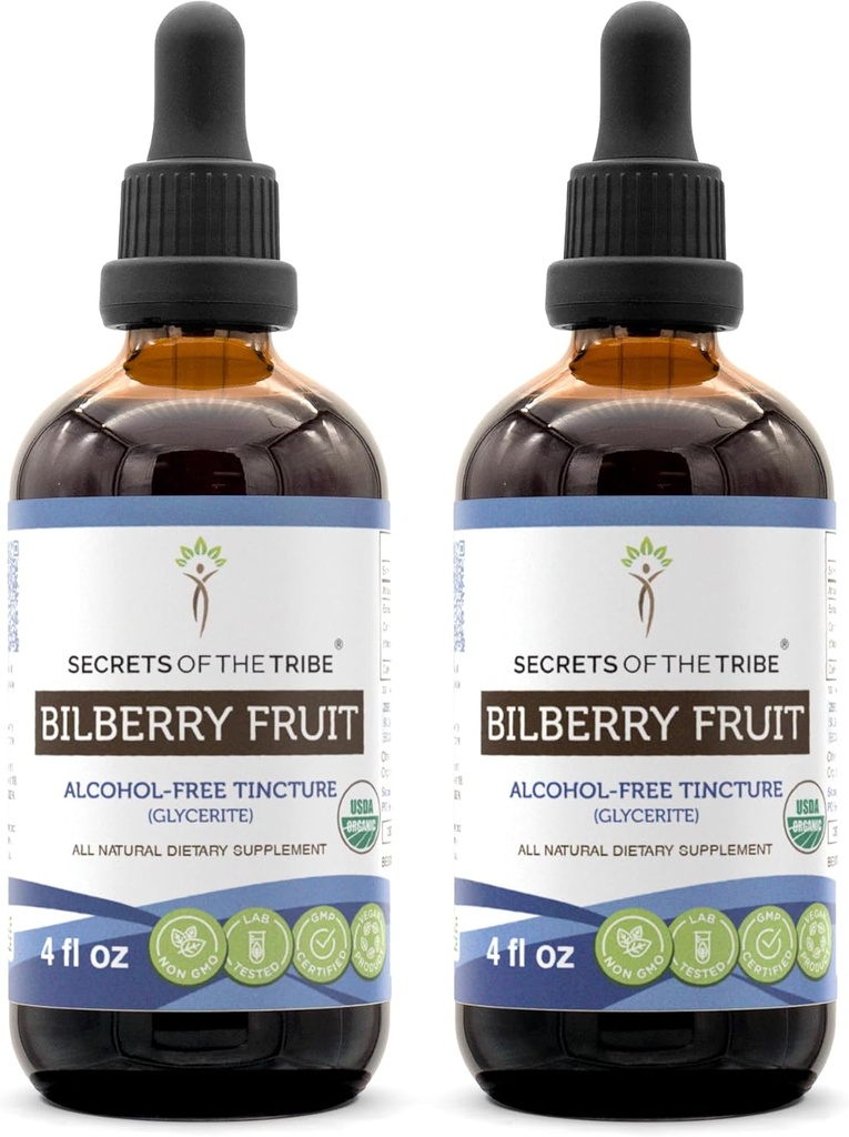 Secrets of the Tribe Čučoriedkové ovocie bez alkoholu Liquid Extract, USDA Organic Čučoriedky (Vaccinium Myrtillus) Supplement Fruit Tincuture Supplement (2x4 FL OZ)