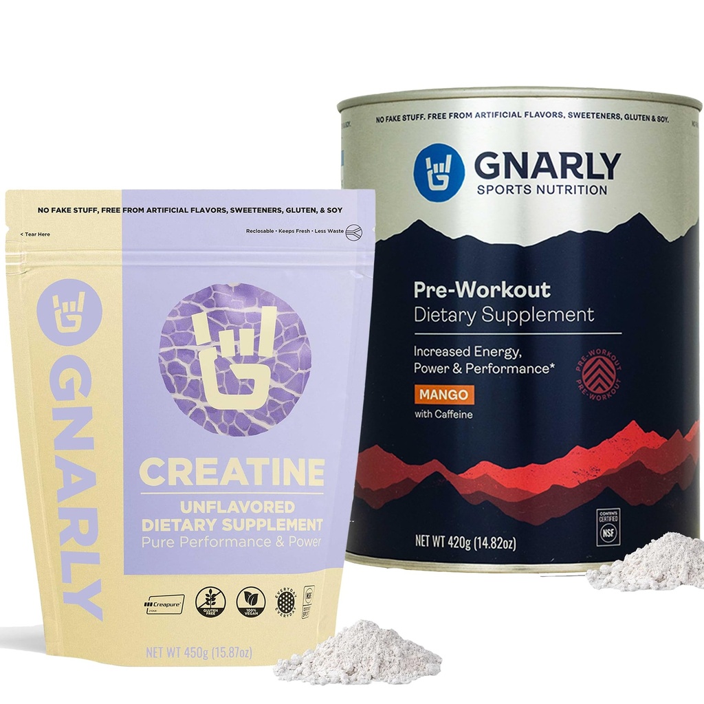 Gnarly Nutrition Creatine Powder, Unflaved (16.05oz) Preworkout Mango (14.82oz)