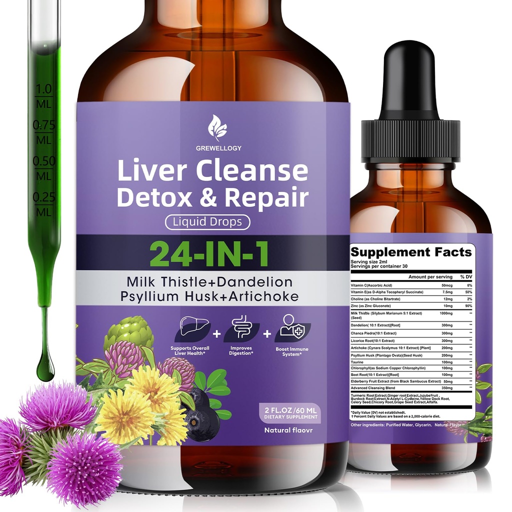 Pečeň Čistiť Detox a opravy Tekuté kvapky - Mlieko Thitle, Púpava, Psyllium Husk & Artichoke Supplement for Liver Health & Digestion - Cukor-Free Vegan Extract, 2 Fl Oz (30 Servings)