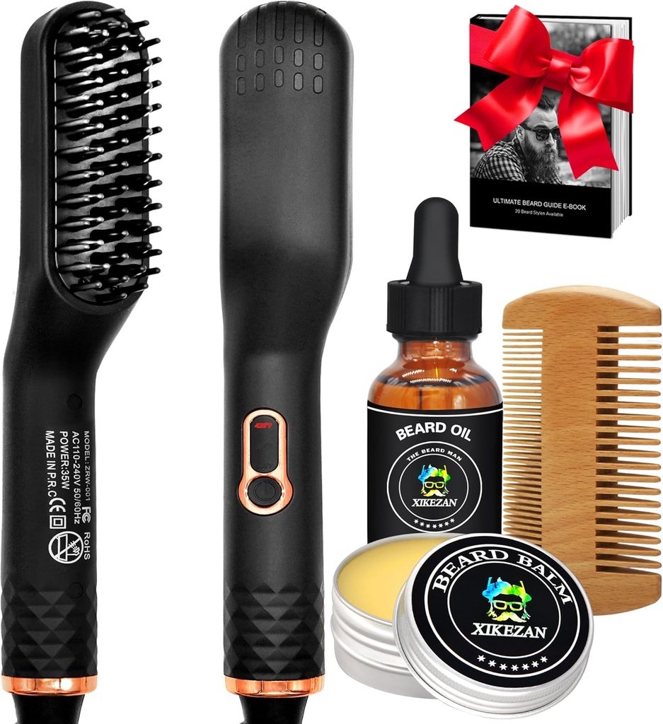 Vyrovnávač bradavice w/Beard Oil & Balm & Guide E-Book,Aktualizované 3 v 1 Vyrovnávač vlasov kefka na rovnanie brada Comb,Unikátne opasky darčeky pre mužov Otec Manžel narodeniny Vianočné darčeky