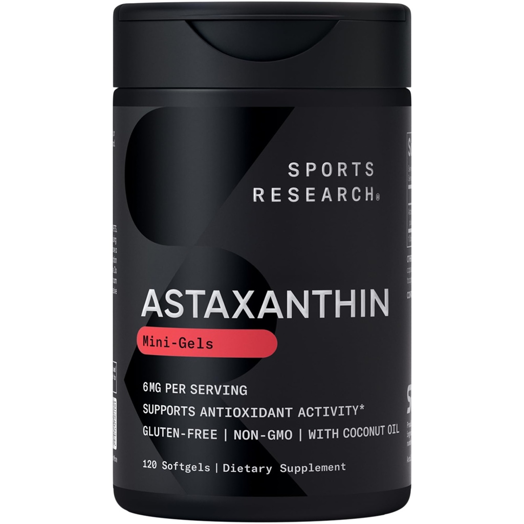 Športový výskum Triple sila Astaxantin Supplement (6mg) s organickým kokosovým olejom pre antioxidačné aktivity, Skin & Eye Health Support - Non-GMO Overené & Gluten Free - 120 Softgels