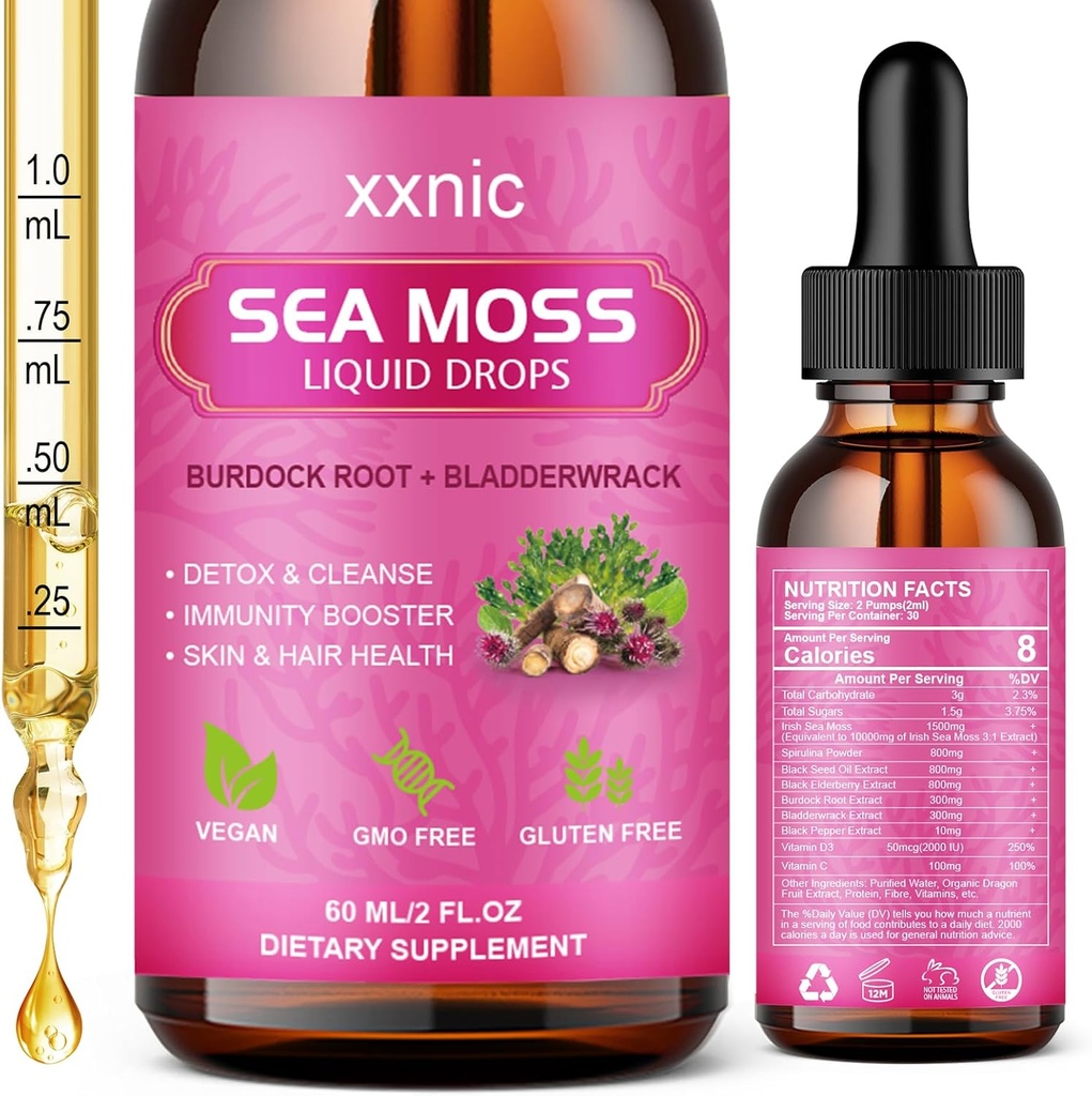 Sea Moss Advanced Liquid Drops, 3000mg Organic Sea Moss Liquid with Black Seed Oil & Irish Seamos Gel, Raw Sea Moss Support Imunity, Joint, Tráviace zdravie, 60ml-L8