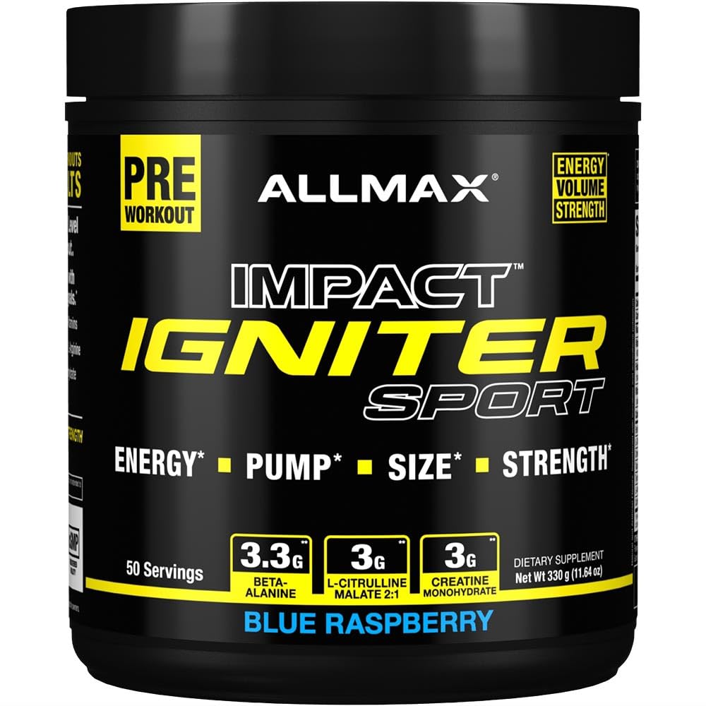 ALMMAX IGNTER Sport, Blue Malina - 330 g - Pre-Workout Formula - s kofeínom, L-Citrulín, L-Arginín, Kreatín & Beta Alanyne - Až 50 Servisov