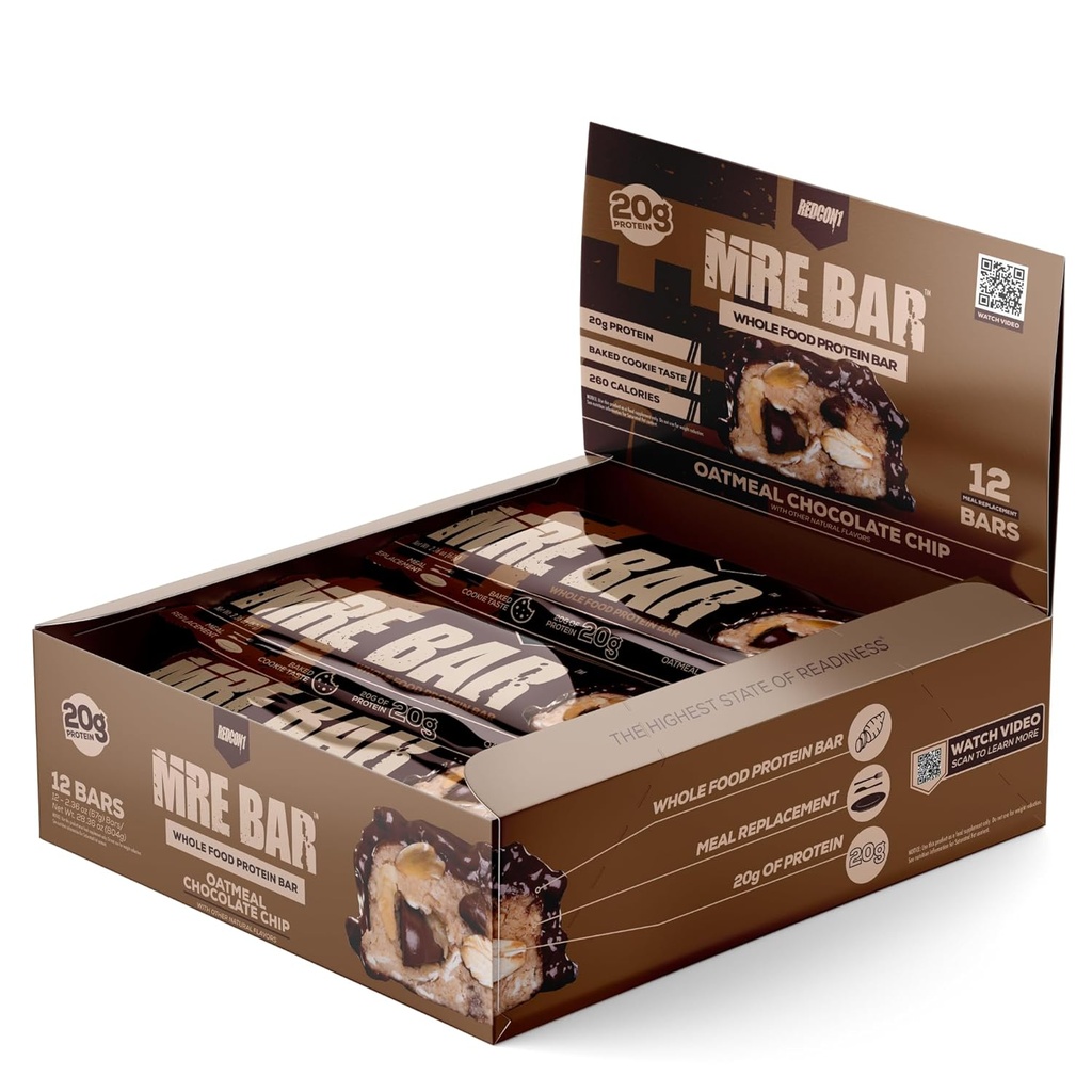 REDCON1 MRE Protein Bar, Ovsené čokoládové Chip - Obsahuje MCT olej + 20 g celý potravinársky proteín - Ľahko stráviteľné, Makro Balanced Nízkocukrové náhradky Bar (12 Bary)