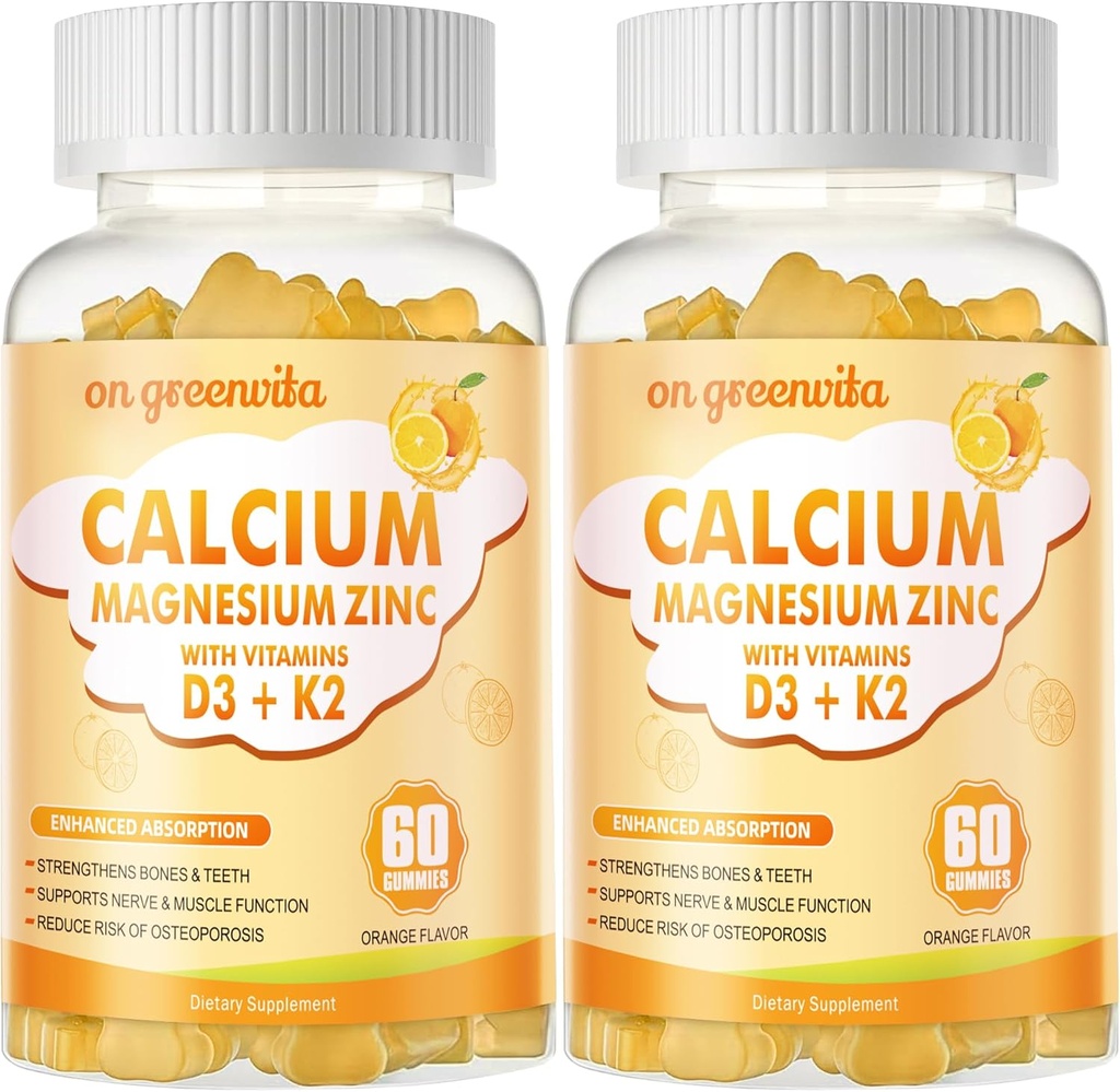 Kalcium Magnézium Zinok Gumies s vitamínom D3 & K2 - Vysoká potencia zvýšená absorpcia -120 Orange Gummies Ochutené